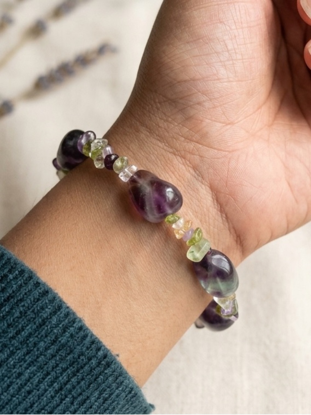 Chunky Fluorite and Chipped Multi Gemstone Stretch Bracelet Size 6